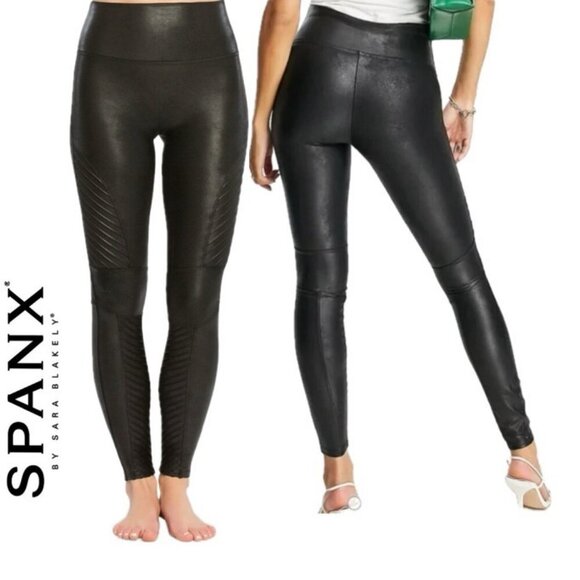 SPANX FAUX LEATHER MOTO LEGGINGS SZ SMALL SHAPING EMO GOTHIC CHIC LEGGINS - Picture 1 of 16